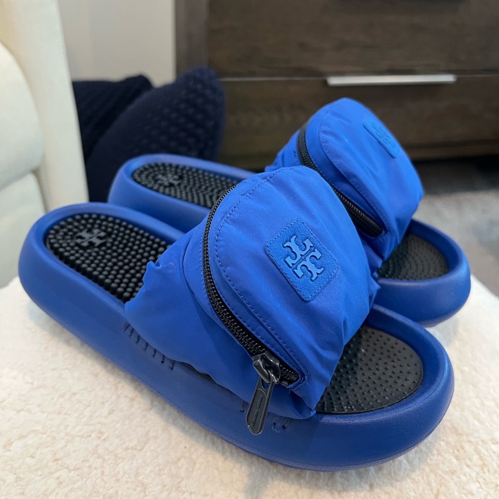 Tory Burch Sport Slides in Blue Macaw and Perfect Navy